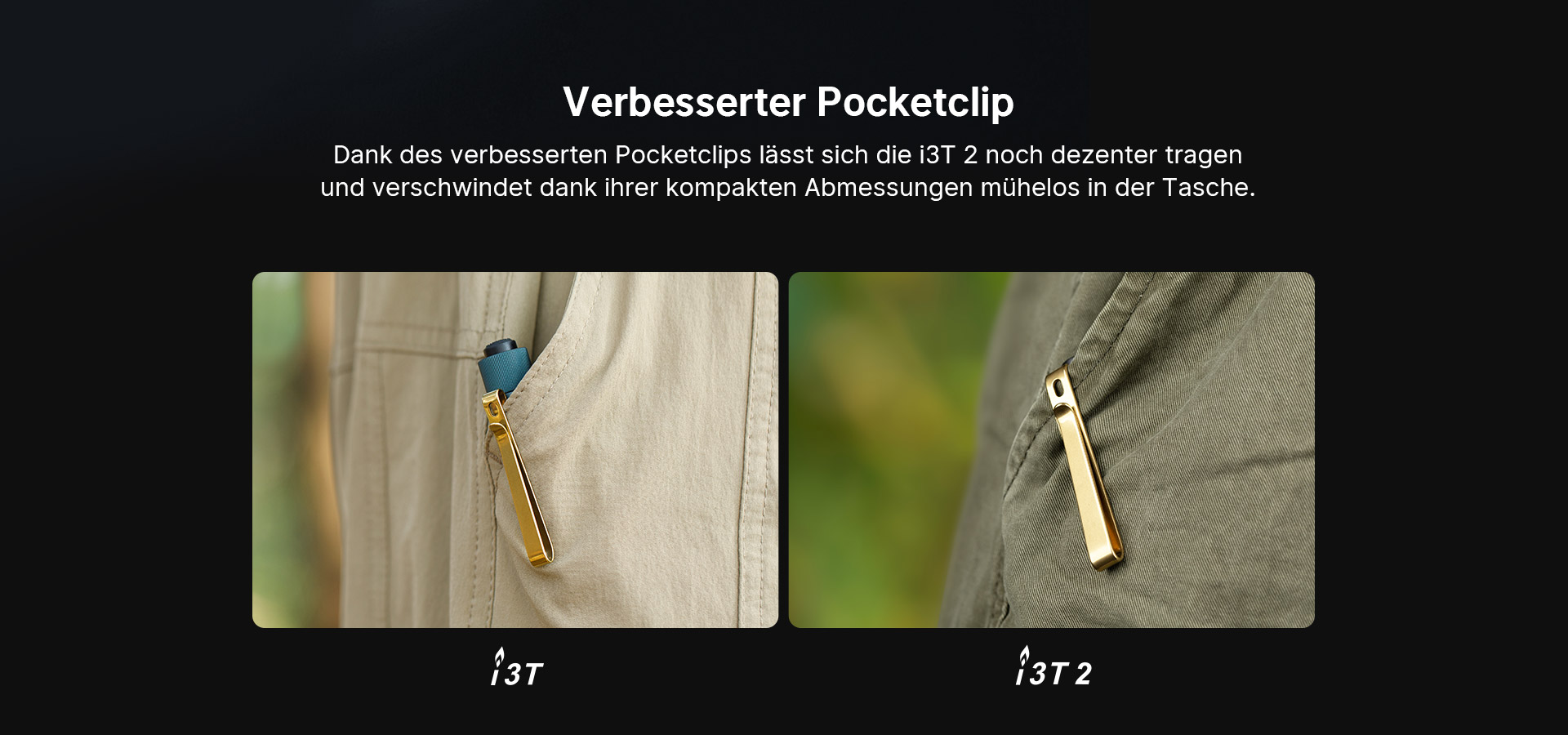 Offizieller Taschenclip-Vergleich mit i3T links und i3T 2 rechts an Kleidung